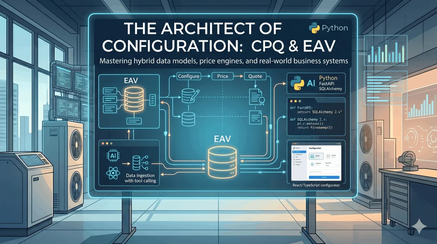 CPQ and EAV model concepts shown as connected product configuration blocks