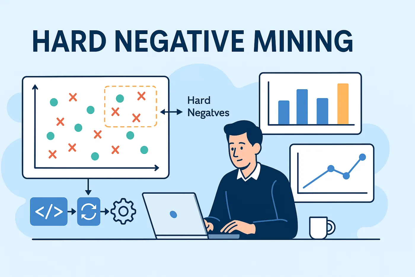Machine learning diagram showing hard negative examples near a decision boundary